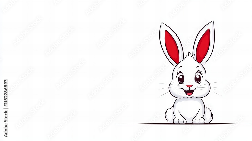 Fototapeta premium Adorable white bunny rabbit with red ears sitting on a white background. Perfect for Easter or spring themes!