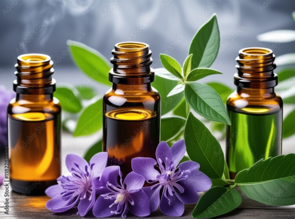Aromatherapy oils with fresh flowers and leaves on a wooden surface create a calming environment in a natural setting Aromatherapy oils with fresh flowers and leaves on a wooden surface create a calming environment in a natural setting