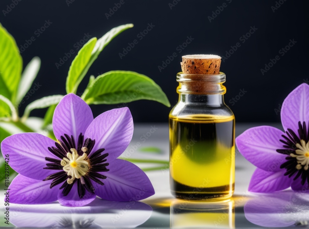 Essential oil in a glass bottle surrounded by vibrant purple flowers and green leaves on a reflective surface Essential oil in a glass bottle surrounded by vibrant purple flowers and green leaves on a reflective surface