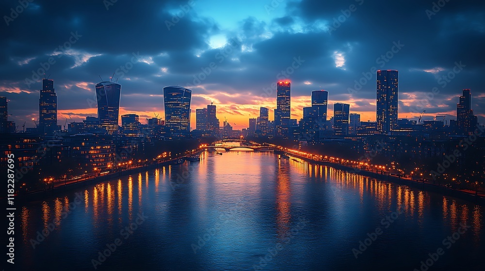 Fototapeta premium London Skyline Sunset Cityscape River Reflection