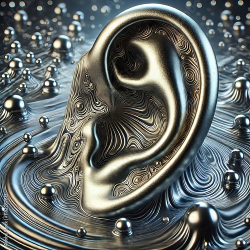 Liquid Metal Mercury like flowing ear surface with rippling soun photo