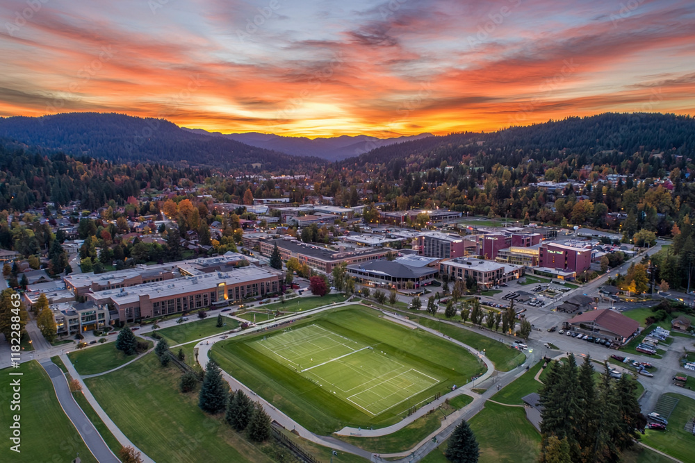 Vibrant city sunset with mountains
