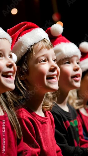 Smiling children in Santa hats performing joyfully during a holiday celebration at a community event