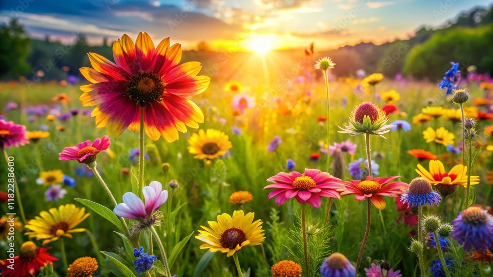 Vibrant Summer Flowers in a Meadow, Rule of Thirds Composition Vibrant Summer Flowers in a Meadow, Rule of Thirds Composition