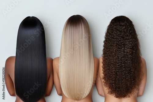 Three women are seen from the back, each showcasing a different hair type against a light blue to grey gradient background. From left to right: the first woman has long, straight black hair, the middl photo