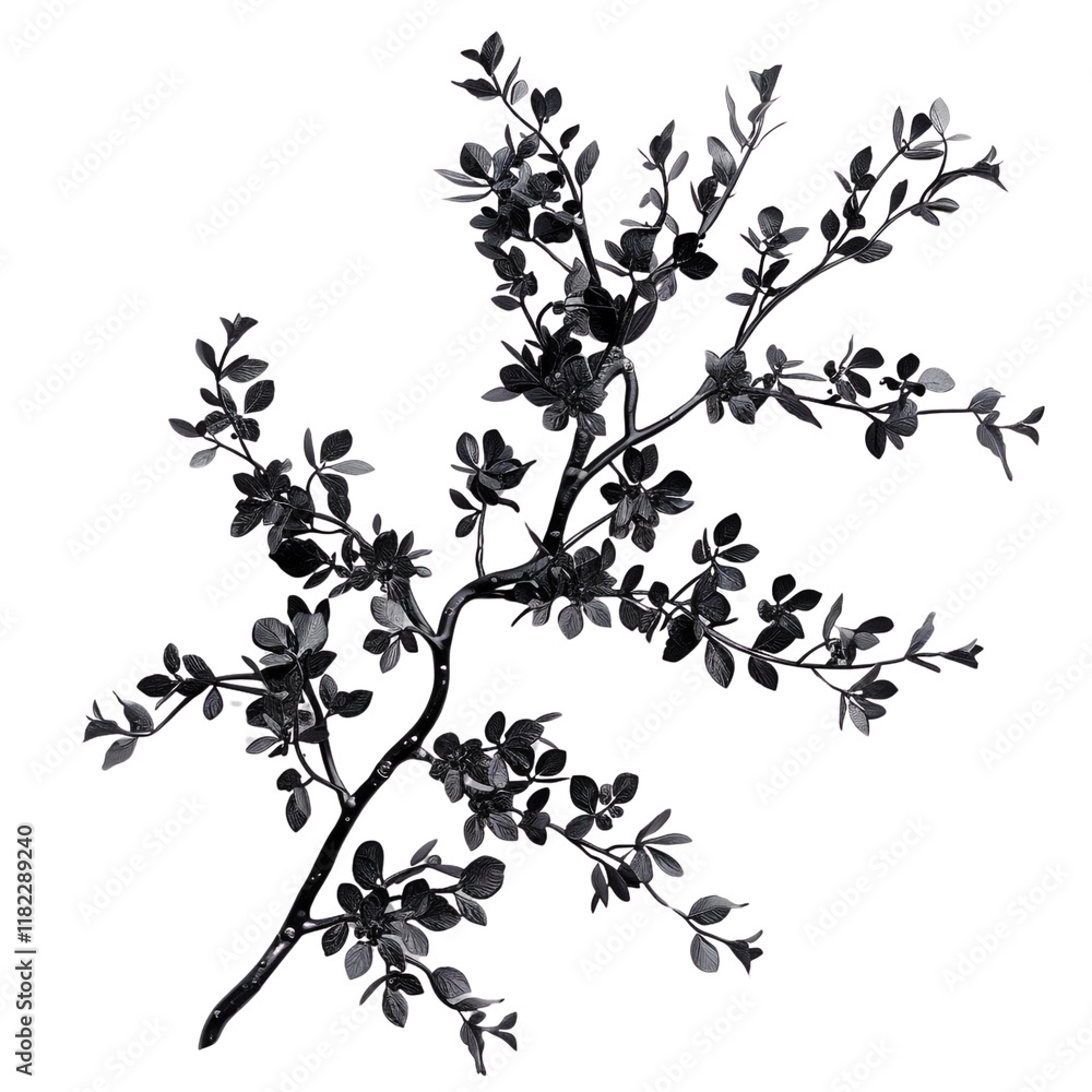 Fototapeta premium Elegant black floral branch, isolated on transparent background, showcasing intricate details.