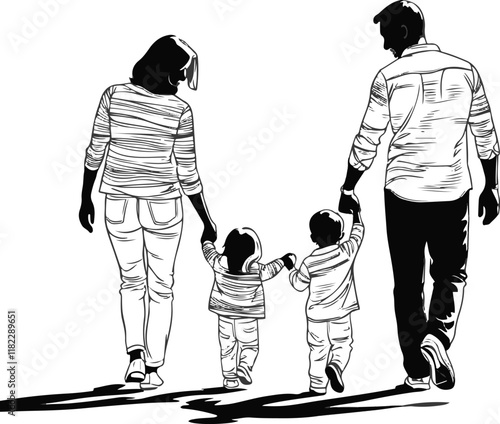 Joyful family walking together in continuous line art style, parents holding hands with their child, minimalist vector sketch.eps