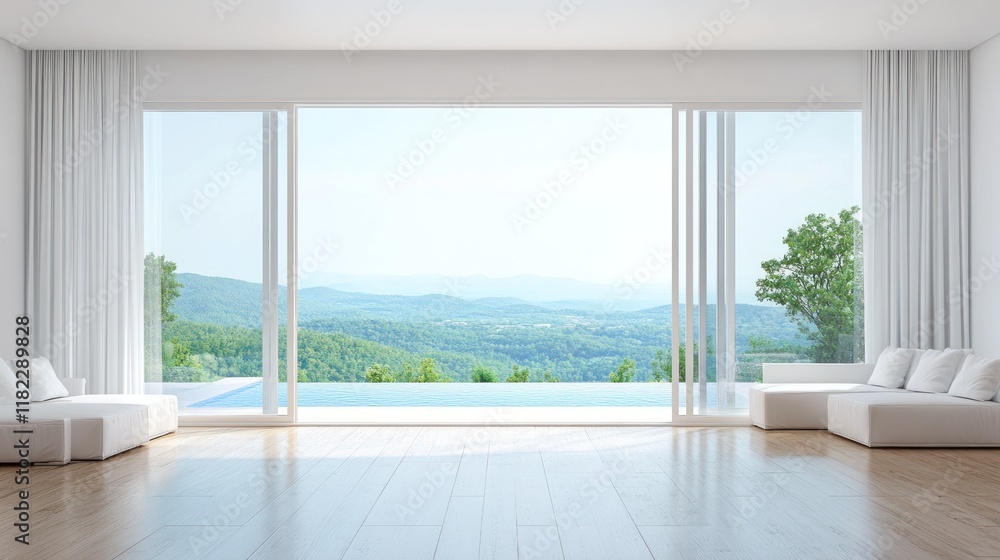 Obraz premium Modern Minimalist Living Room with Infinity Pool and Mountain View