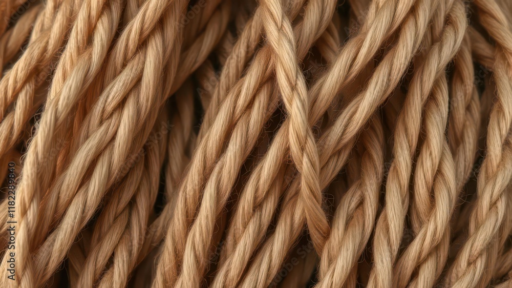 Close-up of twisted earth-toned yarns in various shades of brown, beige, and ochre, texture, knitting Close-up of twisted earth-toned yarns in various shades of brown, beige, and ochre, texture, knitting