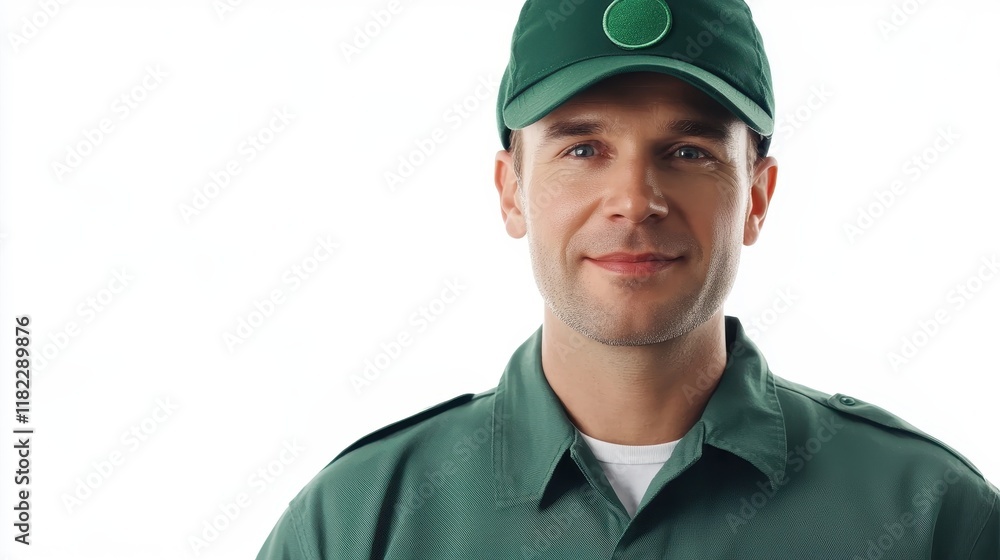 Friendly Delivery Man in Uniform with Cap Friendly Delivery Man in Uniform with Cap