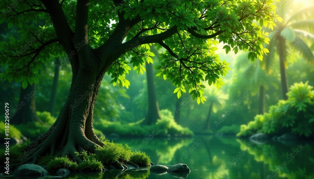 Fototapeta premium Exotic tree with leaves in a glass window reflection, tropical leaves, landscape, calm