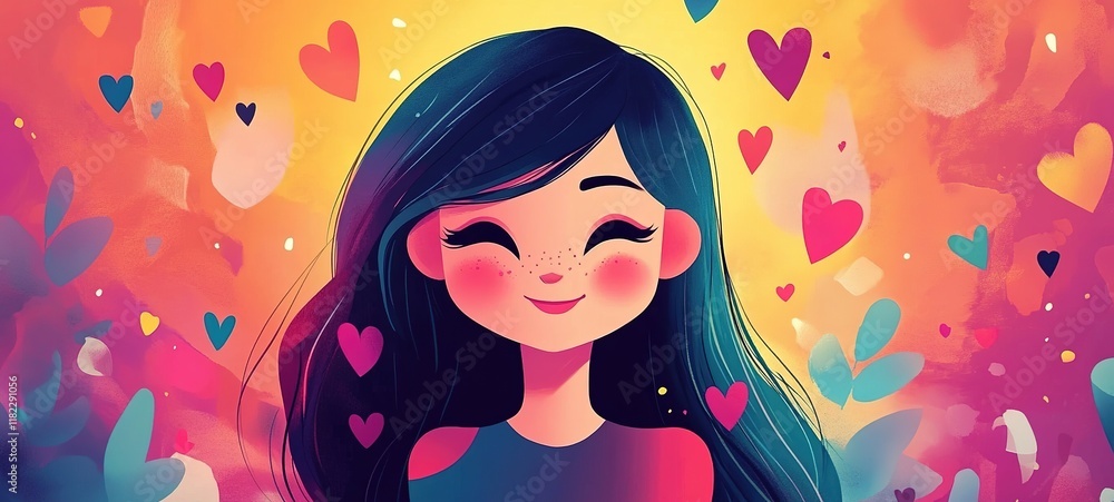 cartoon illustration, cute young girl close eyes smiling with heart floating around at flower field cartoon illustration, cute young girl close eyes smiling with heart floating around at flower field
