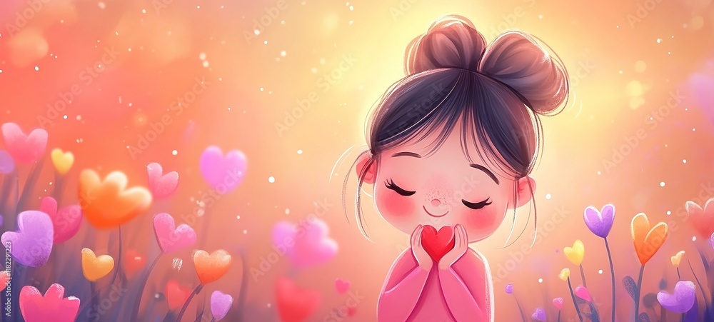 cartoon illustration, cute young girl close eyes smiling with heart floating around cartoon illustration, cute young girl close eyes smiling with heart floating around