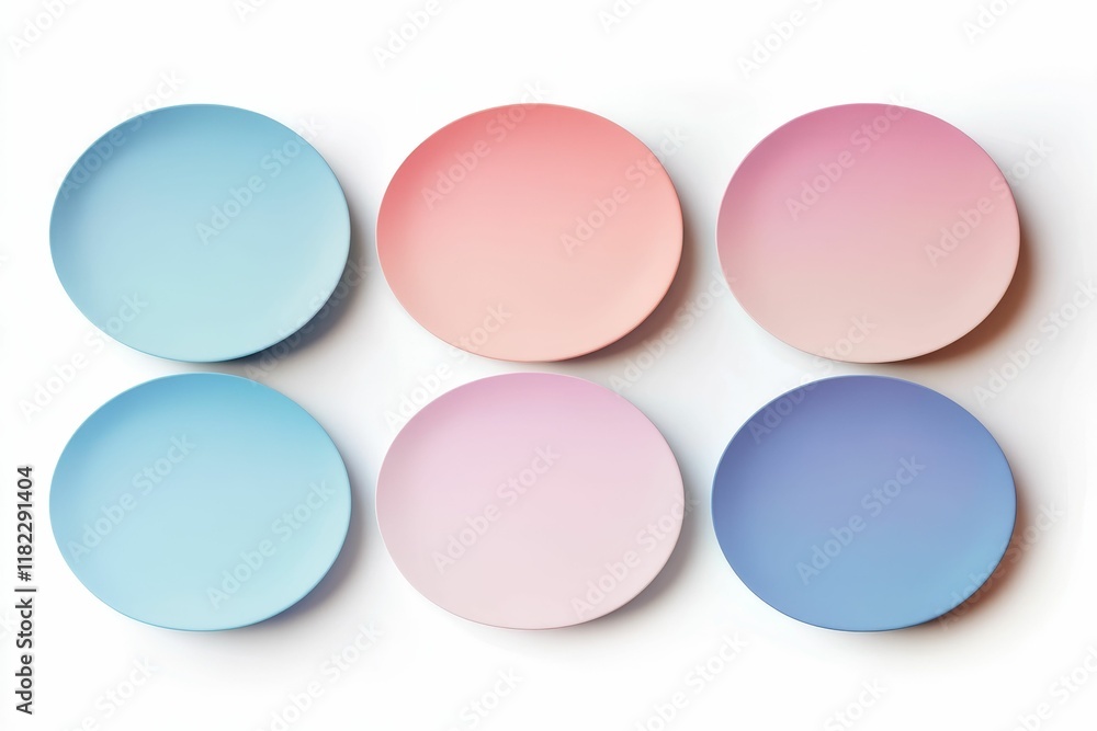 Six pastel-colored plates, arranged neatly. Six pastel-colored plates, arranged neatly.