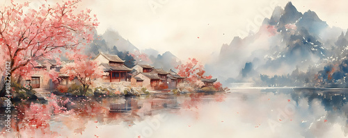 Asian village, cherry blossoms, mountain lake, spring scene, tranquil poster
