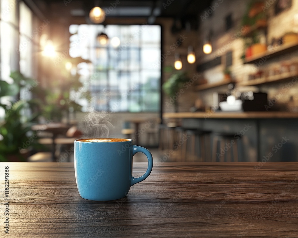 Fototapeta premium Steaming Coffee in Blue Ceramic Mug on Wooden Table, Sunlight Streaming Through Café Window
