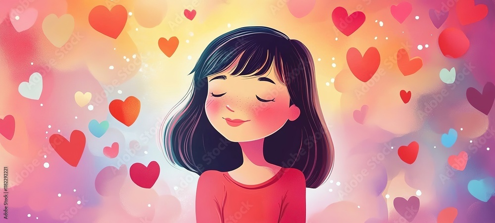 cartoon illustration, cute young girl close eyes smiling with heart floating around cartoon illustration, cute young girl close eyes smiling with heart floating around