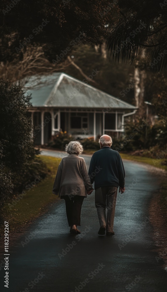 Obraz premium Elderly couple holding hands, strolling down a path towards a house.