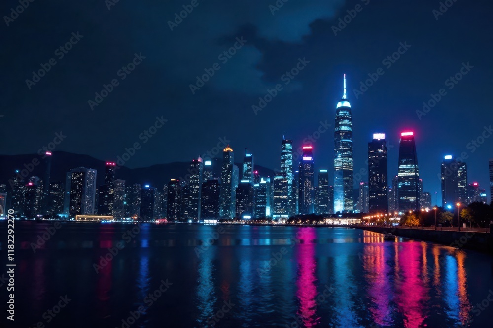 Fototapeta premium Dark carbon fiber background with futuristic cityscape at night, futuristic buildings, modern architecture, darkness