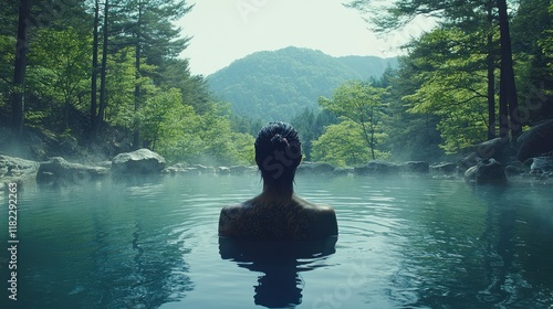 Serene figure in a tranquil hot spring surrounded by nature.