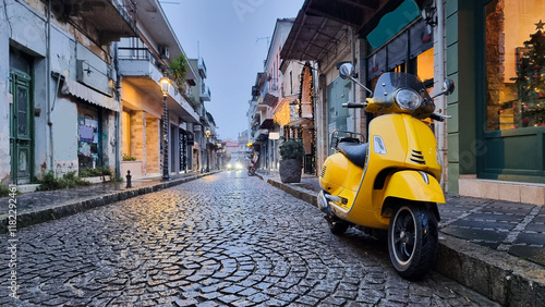 motor bike in old traditional street in ioannina city greece photo