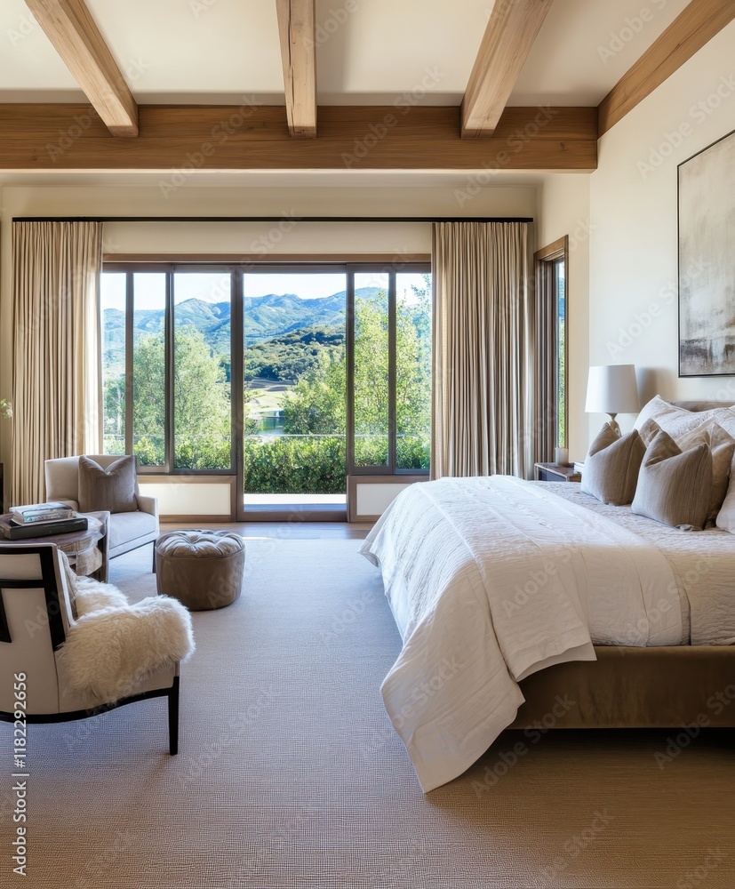Luxurious bedroom interior, rustic wooden beams, floor-to-ceiling windows, neutral color palette, textured wall panels, minimalist artwork, plush bedding, cozy seating area, natural light, earthy tone Luxurious bedroom interior, rustic wooden beams, floor-to-ceiling windows, neutral color palette, textured wall panels, minimalist artwork, plush bedding, cozy seating area, natural light, earthy tone