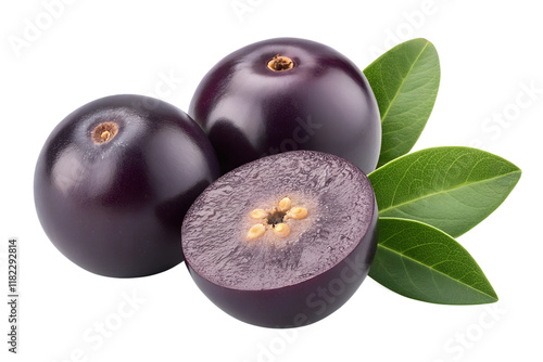 Jabuticaba Fruit with Cross-Section and Leaves - Ripe Jabuticaba fruits, one sliced to reveal interior texture, with green leaves, showcasing their natural and fresh appearance.

