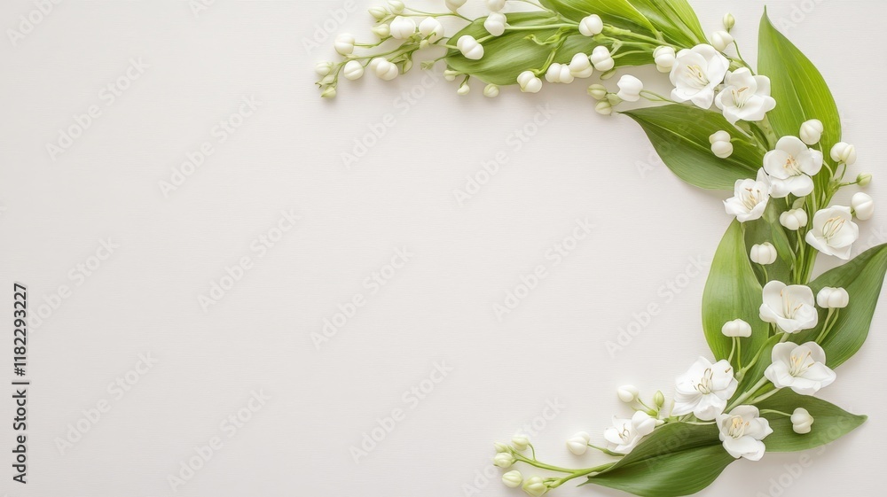 White background with a green leafy wreath. lily of the valley White background with a green leafy wreath. lily of the valley