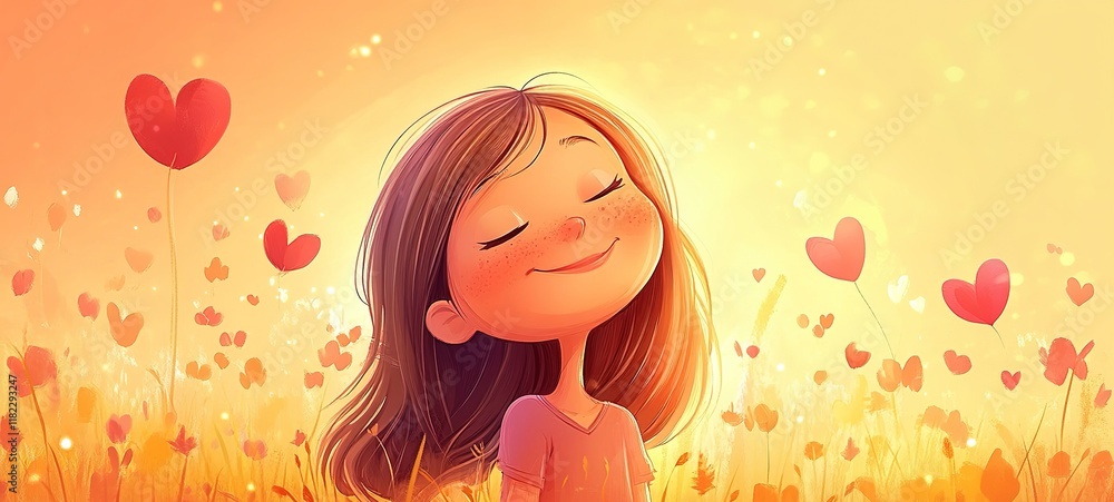 cartoon illustration, cute young girl smiling with heart floating around at flower field cartoon illustration, cute young girl smiling with heart floating around at flower field