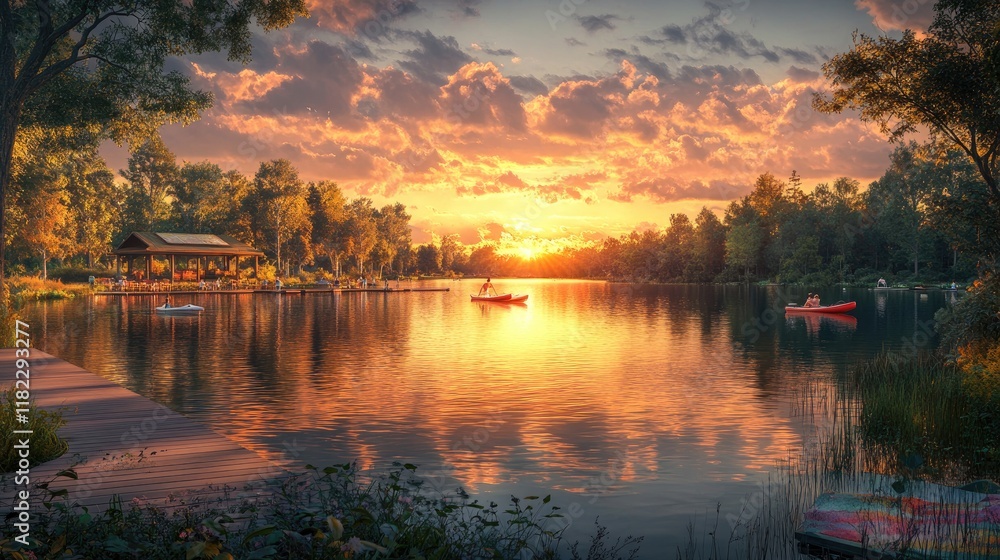 Obraz premium Idyllic Lake Vacation with Paddleboats, Scenic Trails, and Sunset Reflections