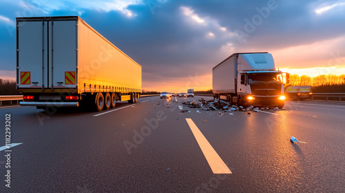 Large cargo trucks collided on a highway, with debris scattered across the road.