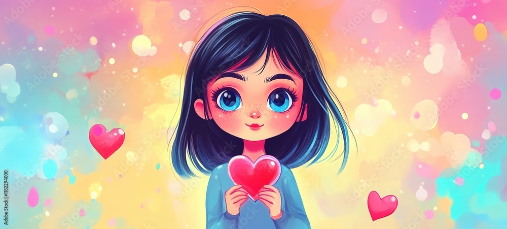 cartoon illustration, cute young girl smiling with heart floating around minimalist design cartoon illustration, cute young girl smiling with heart floating around minimalist design