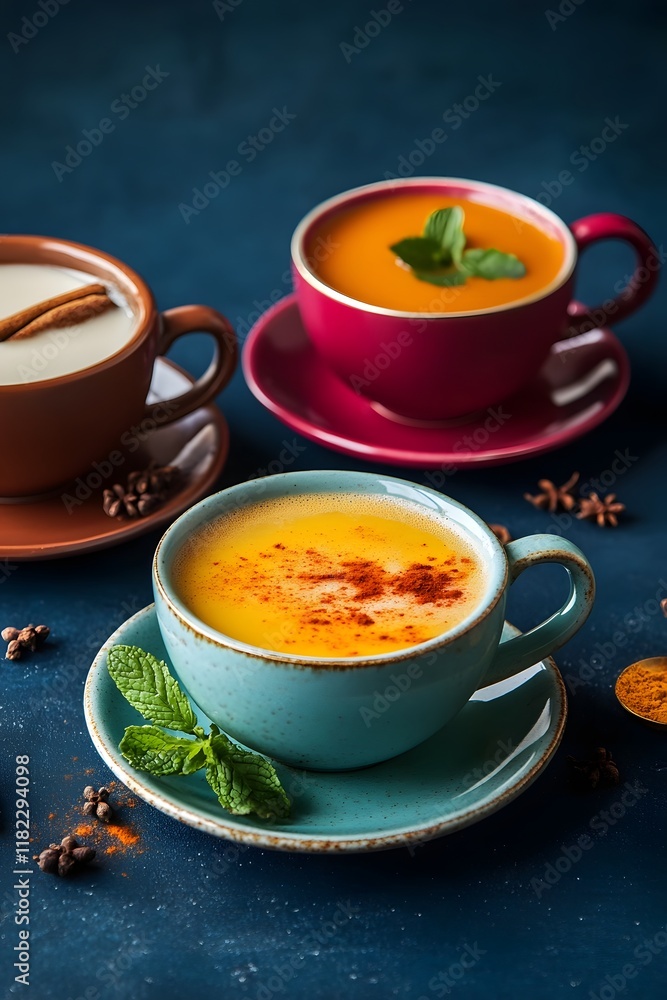 Three Aromatic Cups of Masala Clove Mint and Saffron Milk Teas on Navy Blue Background Three Aromatic Cups of Masala Clove Mint and Saffron Milk Teas on Navy Blue Background
