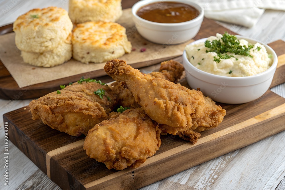 Crispy Fried Chicken with Mashed Potatoes and Biscuits. American food. Golden fried chicken served with creamy mashed potatoes, gravy, and fluffy biscuits on a rustic wooden board for a hearty meal Crispy Fried Chicken with Mashed Potatoes and Biscuits. American food. Golden fried chicken served with creamy mashed potatoes, gravy, and fluffy biscuits on a rustic wooden board for a hearty meal