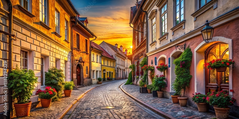 Fototapeta premium Vilnius Old Town Cobblestone Streets, Historic Architecture, Eastern European Cityscape, Travel Photography