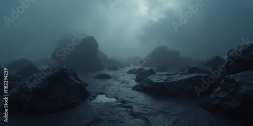Mysterious fog envelops a rocky landscape, creating an ethereal atmosphere perfect for evoking emotion in creative projects.