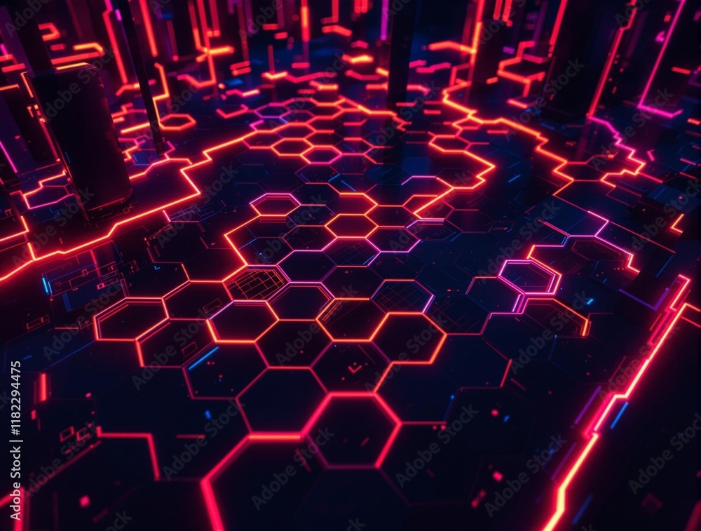 Fototapeta premium Abstract labyrinth glowing neon hexagons dark cyberpunk color palette dynamic futuristic maze perfect for tech sci-fi and gaming designs
