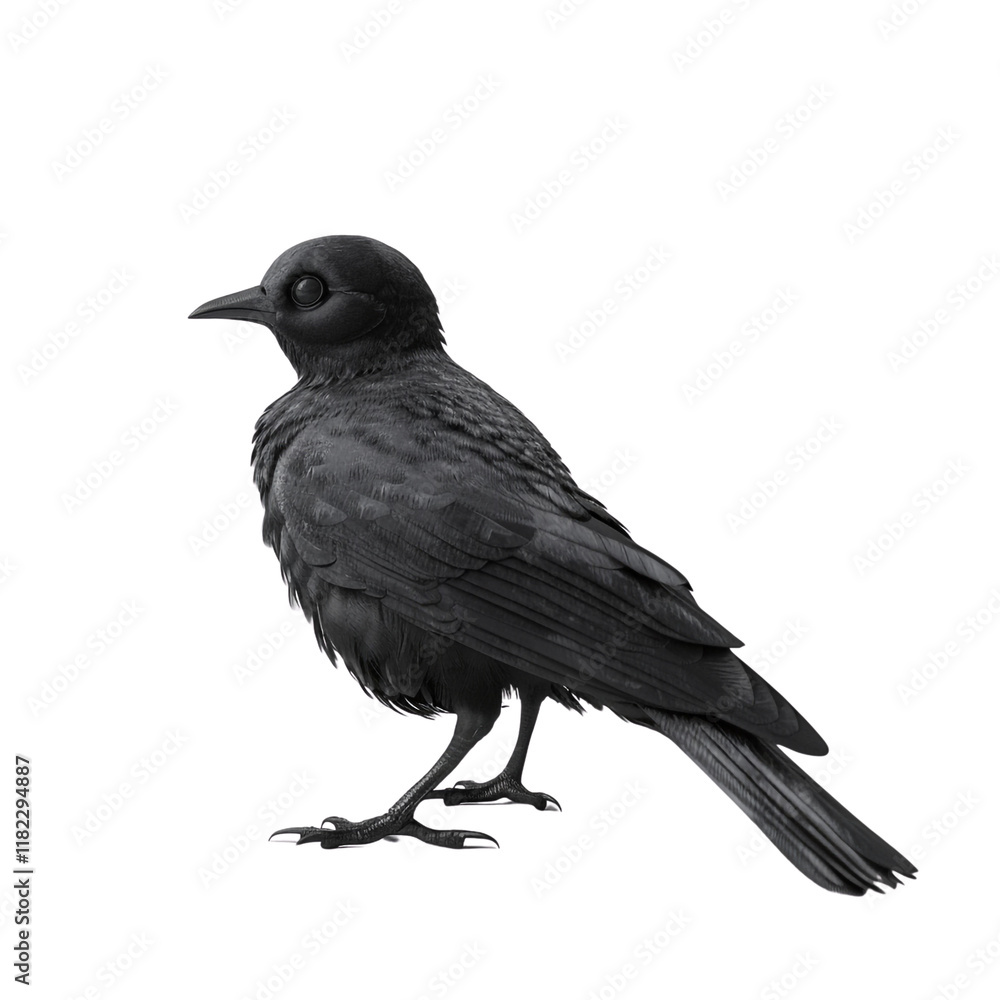 Fototapeta premium A solitary black bird stands, showcasing detailed feathers and intense gaze.
