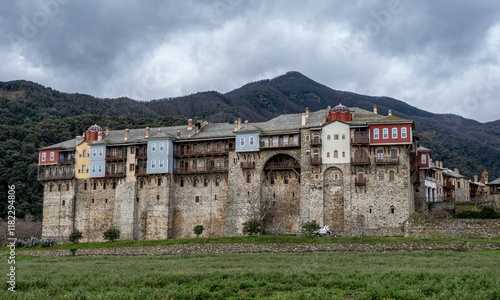 Iviron monastery amazing colours. Fortress Mount Athos Holy Mountain. Greece photo