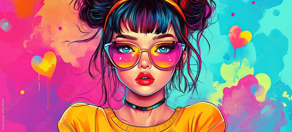 Obraz premium cartoon illustration pop art character design, pretty charming girl in bright tone color, two bun hairstyle 