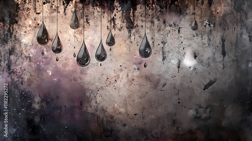 A somber, textured background with suspended teardrop shapes, evoking a sense of anticipation and a feeling of inevitable falling. Stardrop. Illustration