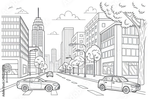 Coloring page for boys: cars rushing down the street of a modern city with high-rise buildings