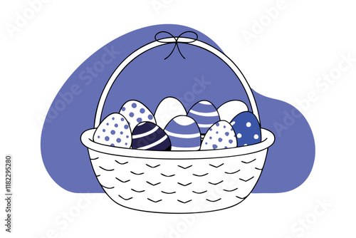 Basket with easter eggs vector flat illustration. Happy Easter holiday