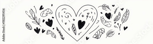 Hand-drawn heart illustrations surrounded by whimsical leaves and small hearts, perfect for creating romantic designs or festive decorations for special occasions. photo