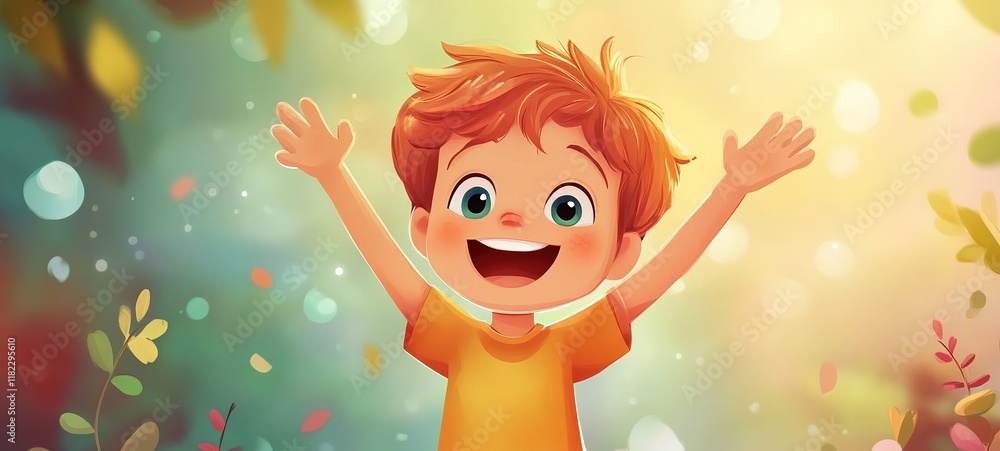 Fototapeta premium cartoon illustration of happy young boy jump in the air with hands spread 