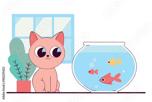 Cute kitten watching fish swimming in a home round aquarium vector flat illustration