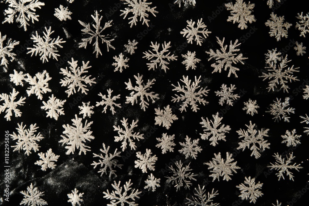 Silver snowflakes on a black background create a festive winter atmosphere for holiday decorations and crafts Silver snowflakes on a black background create a festive winter atmosphere for holiday decorations and crafts