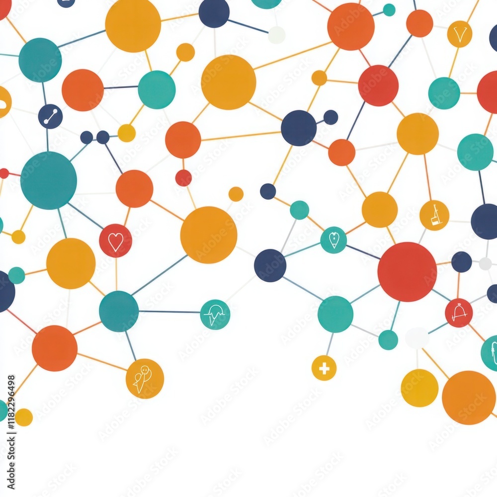 Abstract design featuring colorful nodes and lines representing interconnected ideas, concepts, or social networks in a modern digital environment. Abstract design featuring colorful nodes and lines representing interconnected ideas, concepts, or social networks in a modern digital environment.