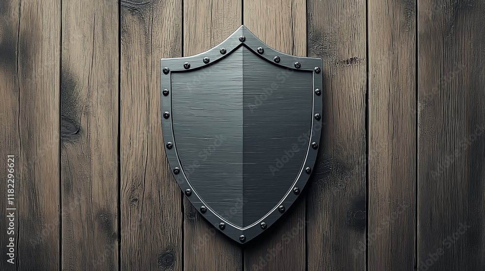 Fototapeta premium Metallic shield on rustic wooden background, medieval design with sturdy steel texture, concept of protection, security, and strength
