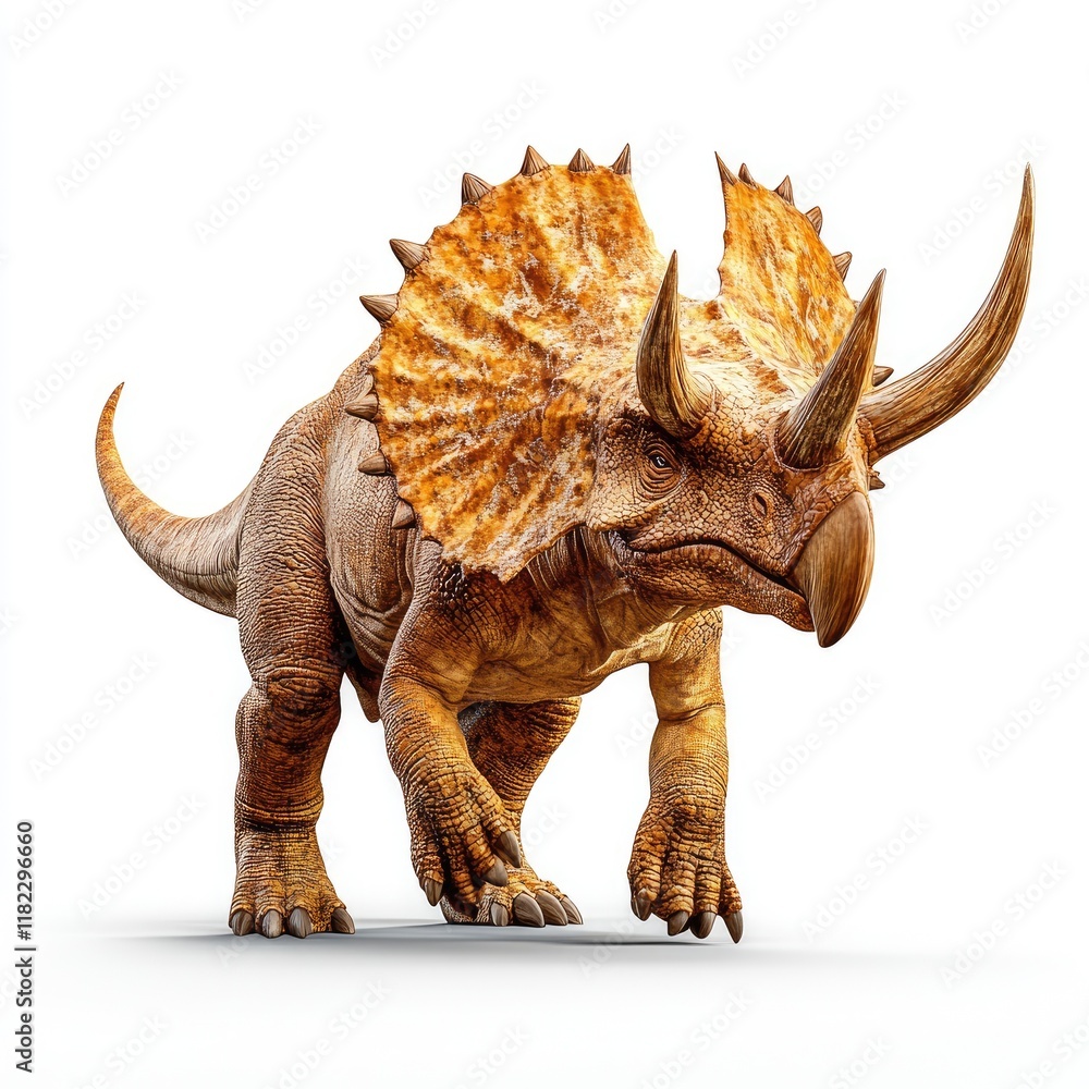 Fototapeta premium A realistic depiction of a Triceratops dinosaur in a dynamic pose.
